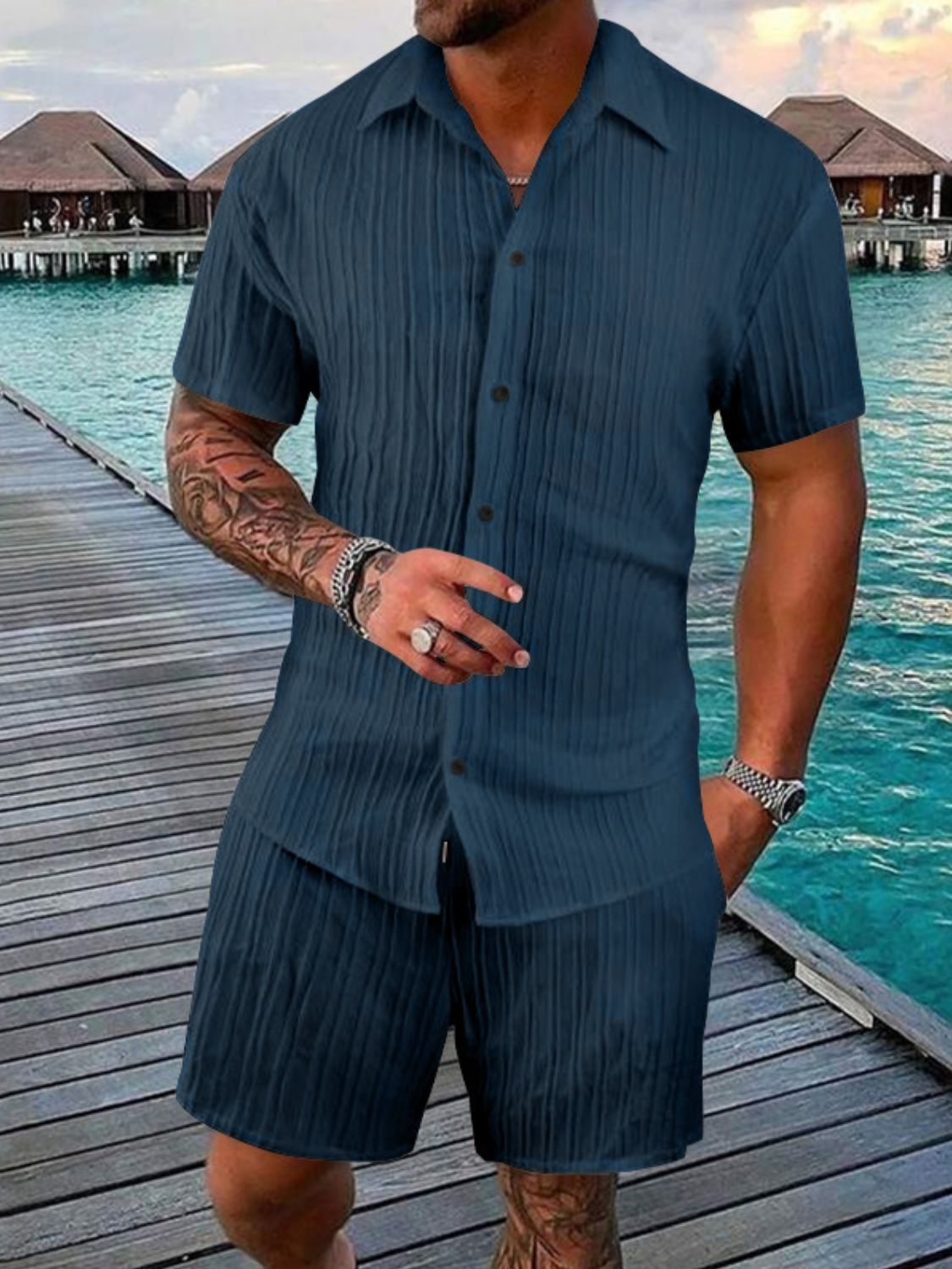 Men's Full Size Button Down Short Sleeve Shirt and Shorts Set Plus Size