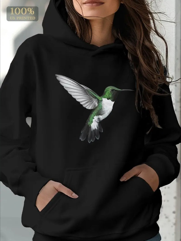 Women's Casual Hoodie With Geometric Hummingbird Print Machine Washable, Kangaroo Pocket, Long Sleeve Pullover Sweatshirt For Fall Winter