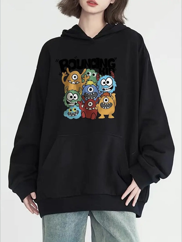 Plus Size Women's Cartoon Print Kangaroo Pocket Hoodie, Casual Long Sleeve Hoodies Sweatshirt, Women's Clothing