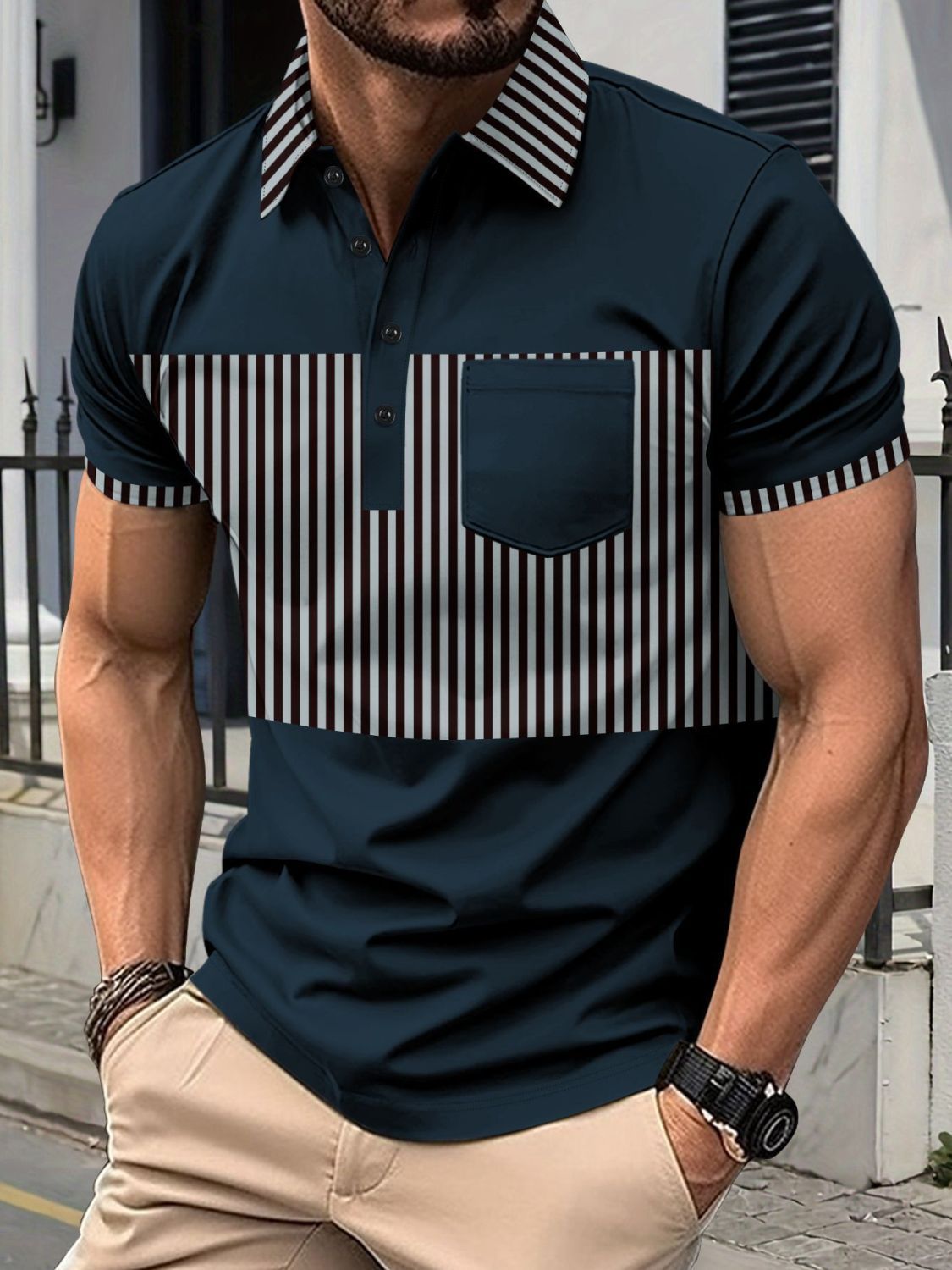 Men's Full Size Collared Contrast Striped Polo Plus Size