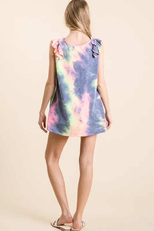BiBi Tie Dye French Terry V Neck Top with Ruffle