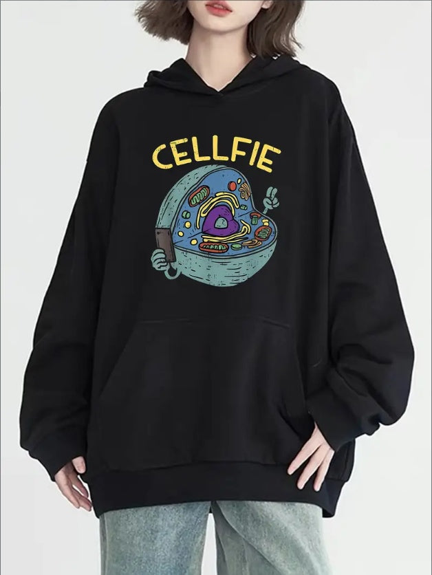 Women's Fashion Cartoon Mobile Phone Pattern Print Hoodie, Long Sleeve, Round Neck, With Pockets, Casual Pullover, Versatile And Fashionable For Autumn And Winter