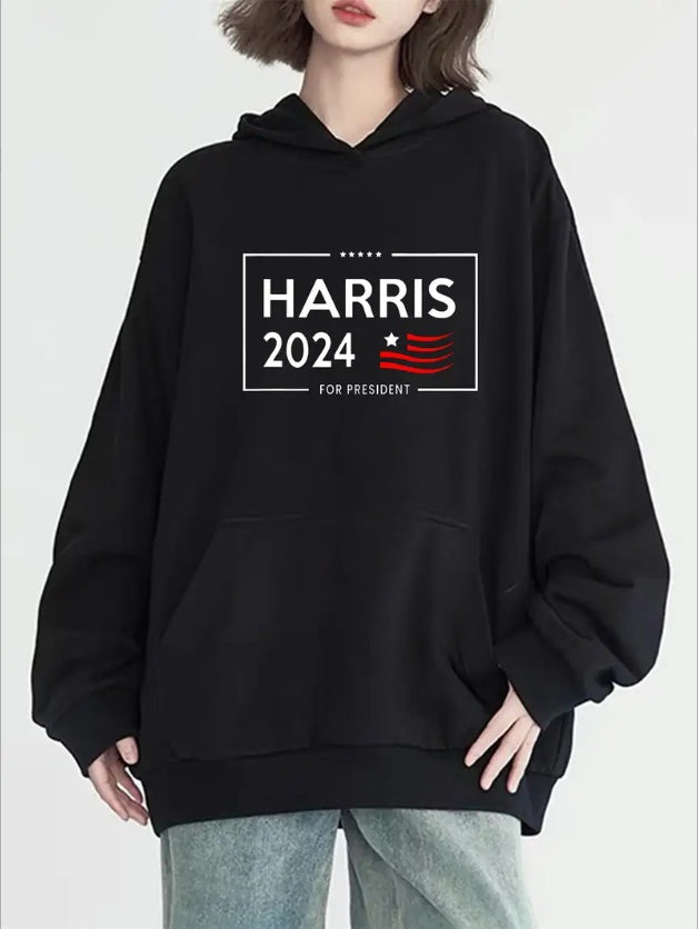 Harris Graphic Kangaroo Pocket Hoodie, Casual Long Sleeve Hooded Sweatshirt For Women