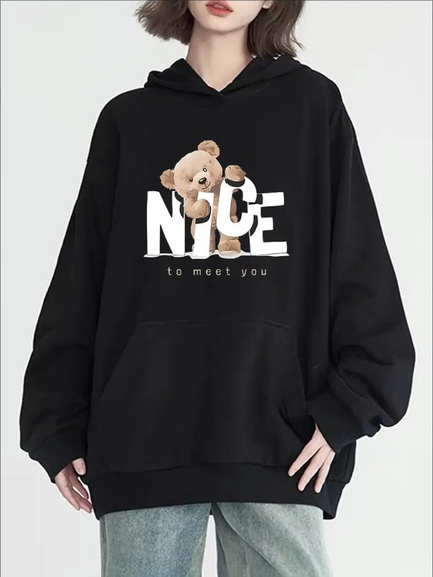 Women's Cute Bear Print Hoodie - Casual Long Sleeve With Pockets, Cozy  Pullover For Fall & Winter, Round Neck, Versatile Fashion