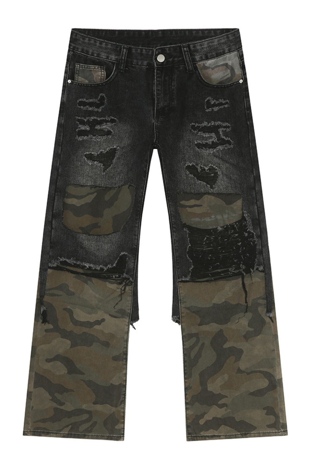 Distressed Camouflage Patchwork Jeans