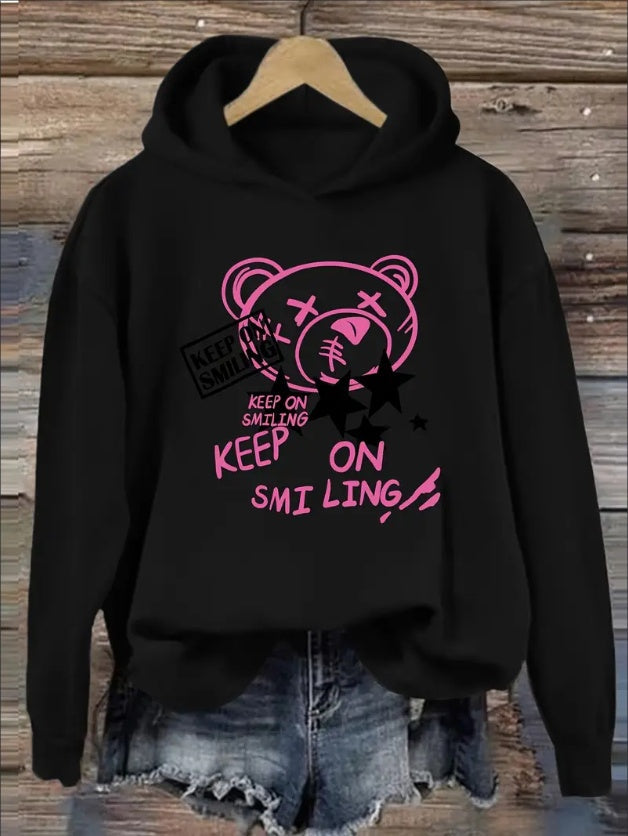 Women'S Casual Hoodie With Rib-Knit Collar - Alphabet & Graphic Print, Animal & Cartoon Patterns, Slogan Detail, Knit Fabric Hooded Sweatshirt For Fall Winter