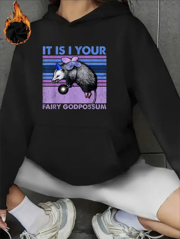 Fairy Godpossum Graphic Hoodie - Women's Casual Long Sleeve Hooded Sweatshirt With Kangaroo Pocket,  All-Season Comfort With Slight Stretch - Novelty Animal Print Pullover