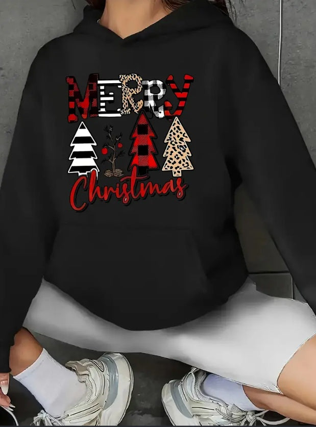 Women's Casual Hoodie With Merry Christmas Tree Print, Long Sleeve Hooded Sweatshirt With Kangaroo Pocket For Fall Winter