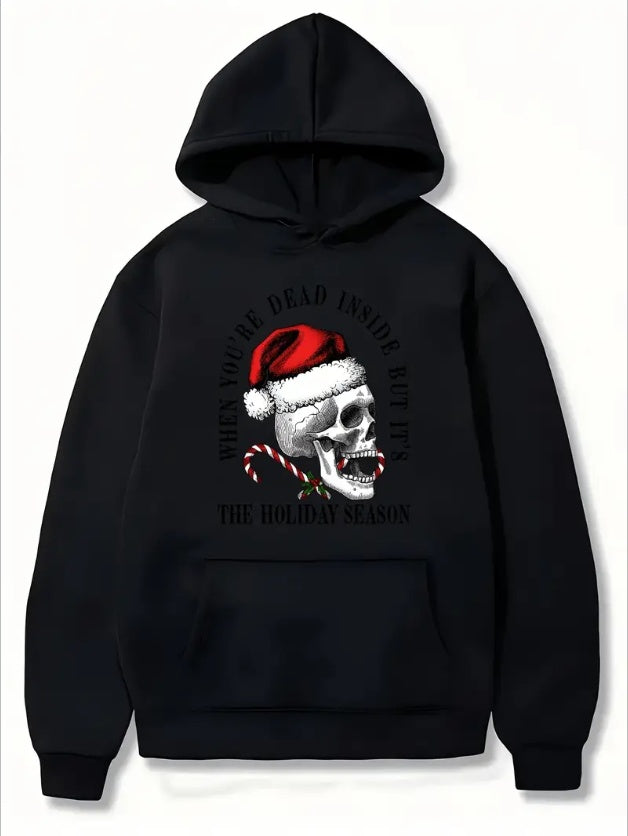 Women'S Christmas Skull Print Hoodie,  Casual Style, Long Sleeve, Regular Fit, With Fleece Lining, Drawstring Hood, And Front Pocket, For Fall Winter Knit Fabric Pullover Hooded Sweatshir