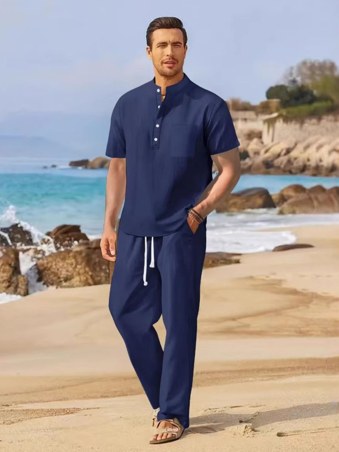 Men's Full Size Half Button Top and Drawstring Pants Set Plus Size