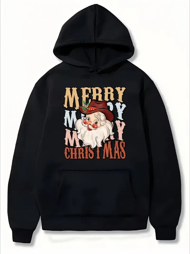 Women'S Christmas Hoodie  Casual Style, Long Sleeve, Hooded Collar, Regular Fit, Festive Santa Print Pullover With Pockets,