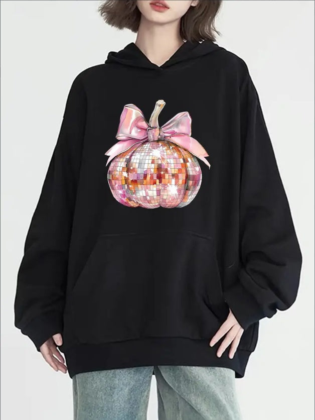 Women's Sparkling Pumpkin Print Hoodie - Casual Long Sleeve With Kangaroo Pocket, Cozy Knit Pullover For Fall & Winter