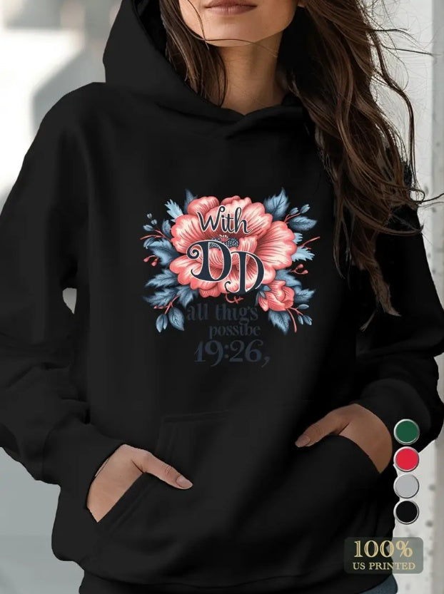 Women'S Inspirational Floral Print Hoodie, Long Sleeve Pullover With Kangaroo Pocket, Casual Regular Fit Sweatshirt For Autumn Winter