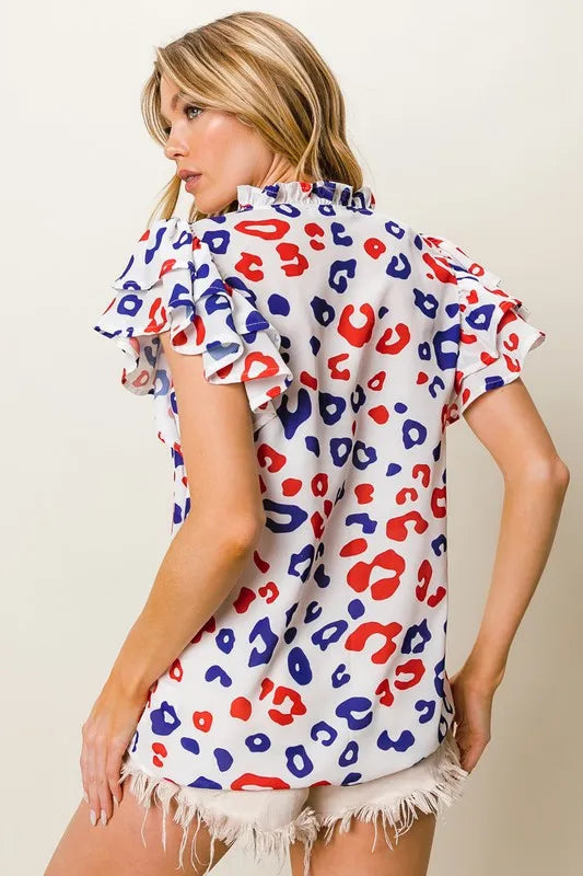 BiBi Leopard Notched Ruffled Cap Sleeve Blouse