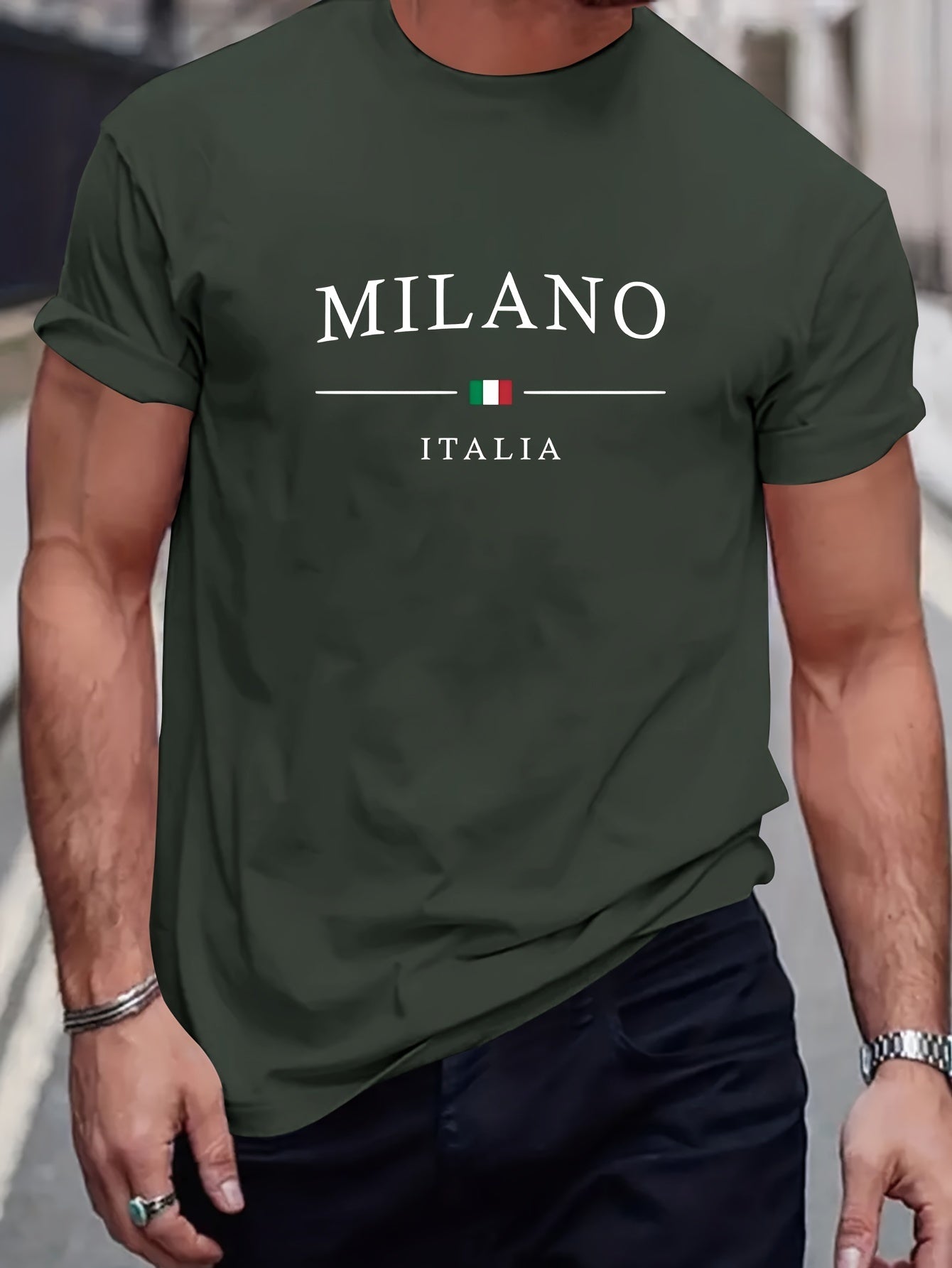 Milano Patterned Printed Men's T-shirt, Comfortable And Elastic Round Neck T-shirt, Perfect For Summer Outdoor Activities, Fashionable Streetwear, Men's Casual Tops