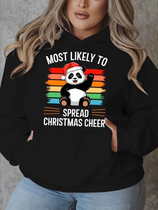 Plus Size Christmas Cheer Panda Print Hoodie, Casual Pullover With Hood,Long Sleeve, With Pockets For Women, Fall Winter