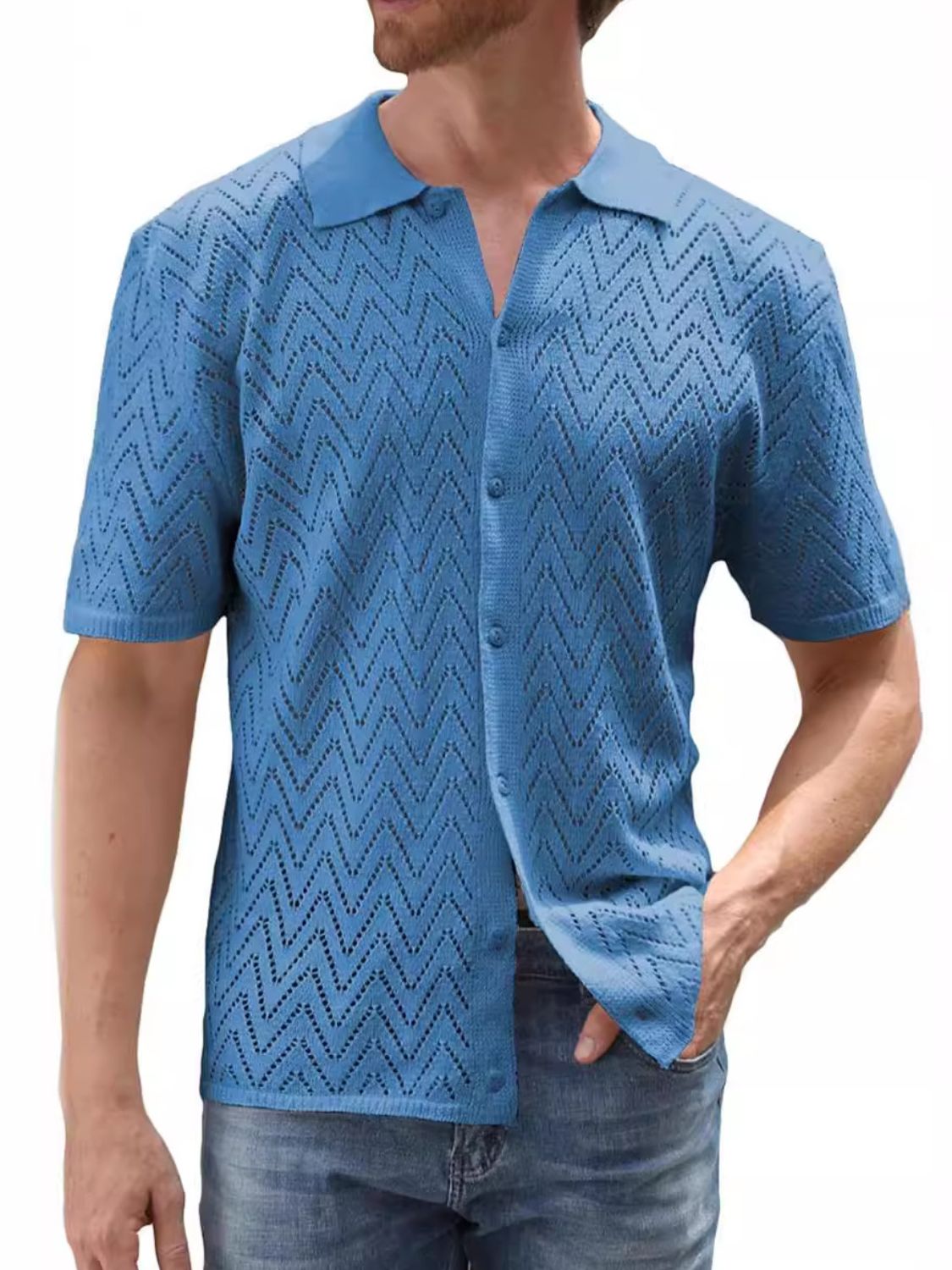 Men's Full Size Openwork Button Down Short Sleeve Shirt Plus Size