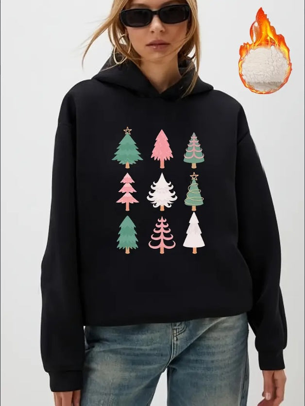 Women'S Casual Hoodie With Christmas Tree Print, Fall Winter Fleece-Lined Pullover, Hooded Sweatshirt With Various Patterns - Cozy & Warm