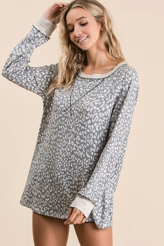 BiBi Leopard Round Neck Long Sleeve T-Shirt