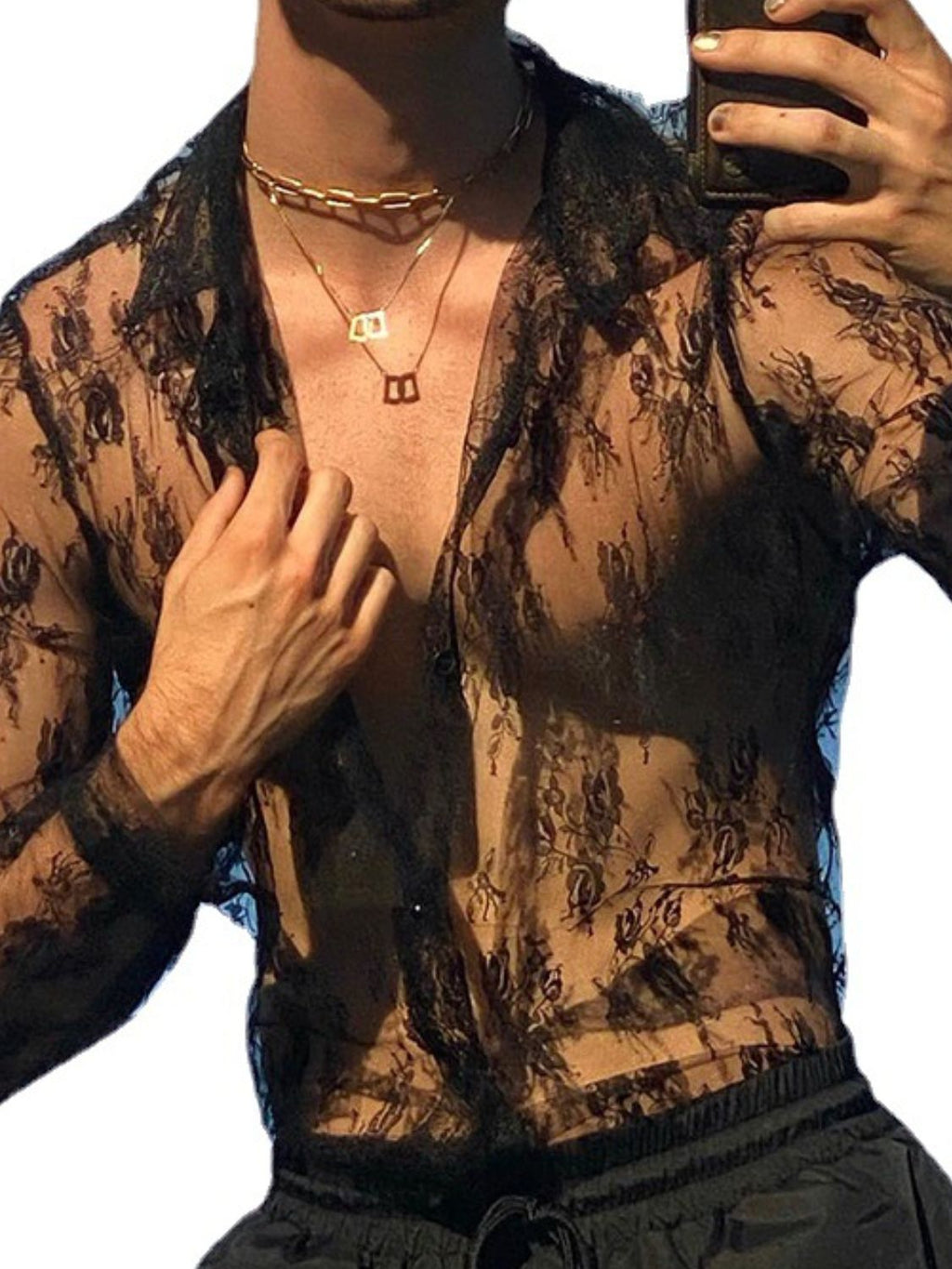 Men's Full Size Lace Long Sleeve Sheer Shirt Plus Size