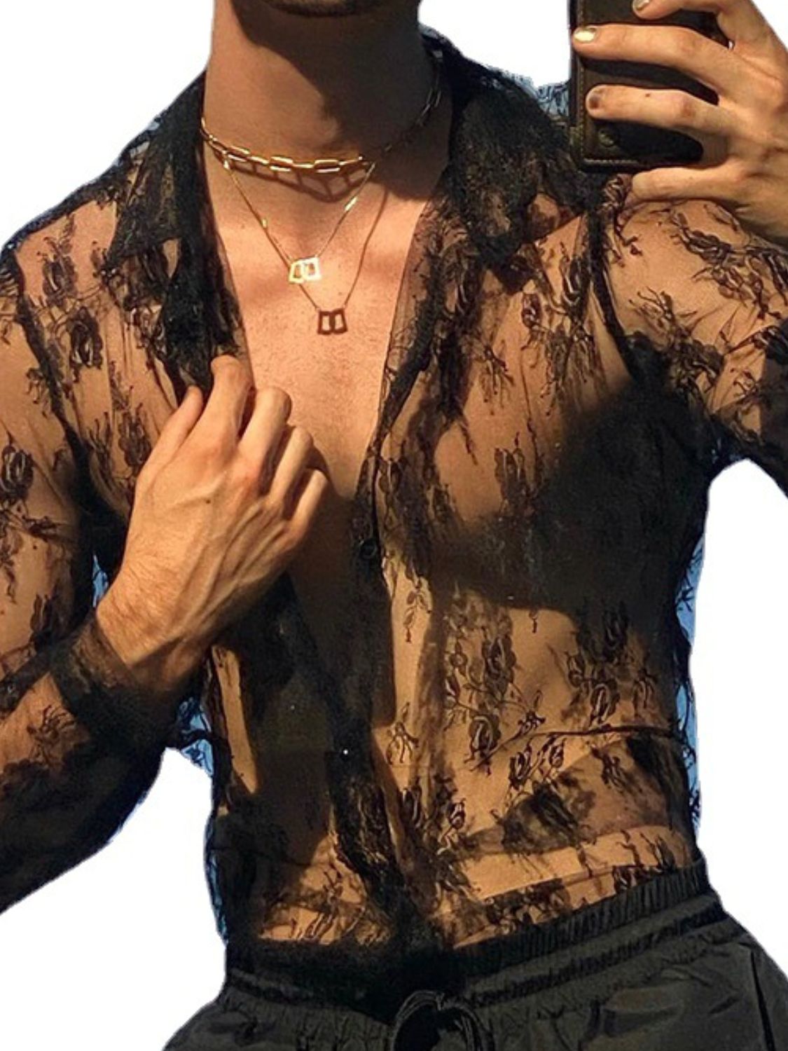 Men's Full Size Lace Long Sleeve Sheer Shirt Plus Size