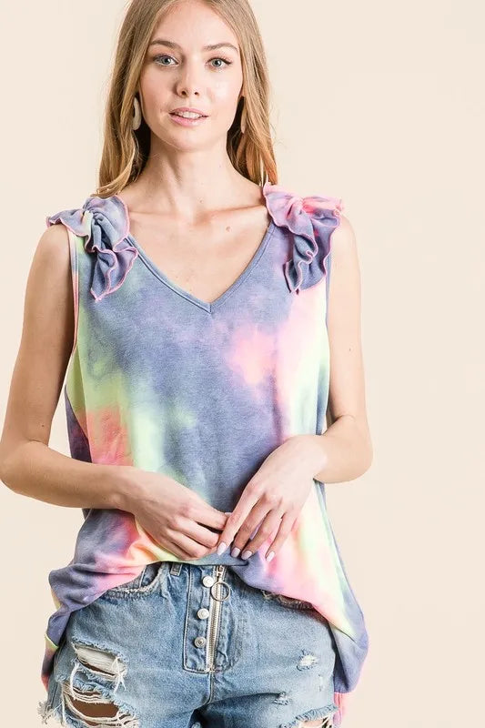 BiBi Tie Dye French Terry V Neck Top with Ruffle