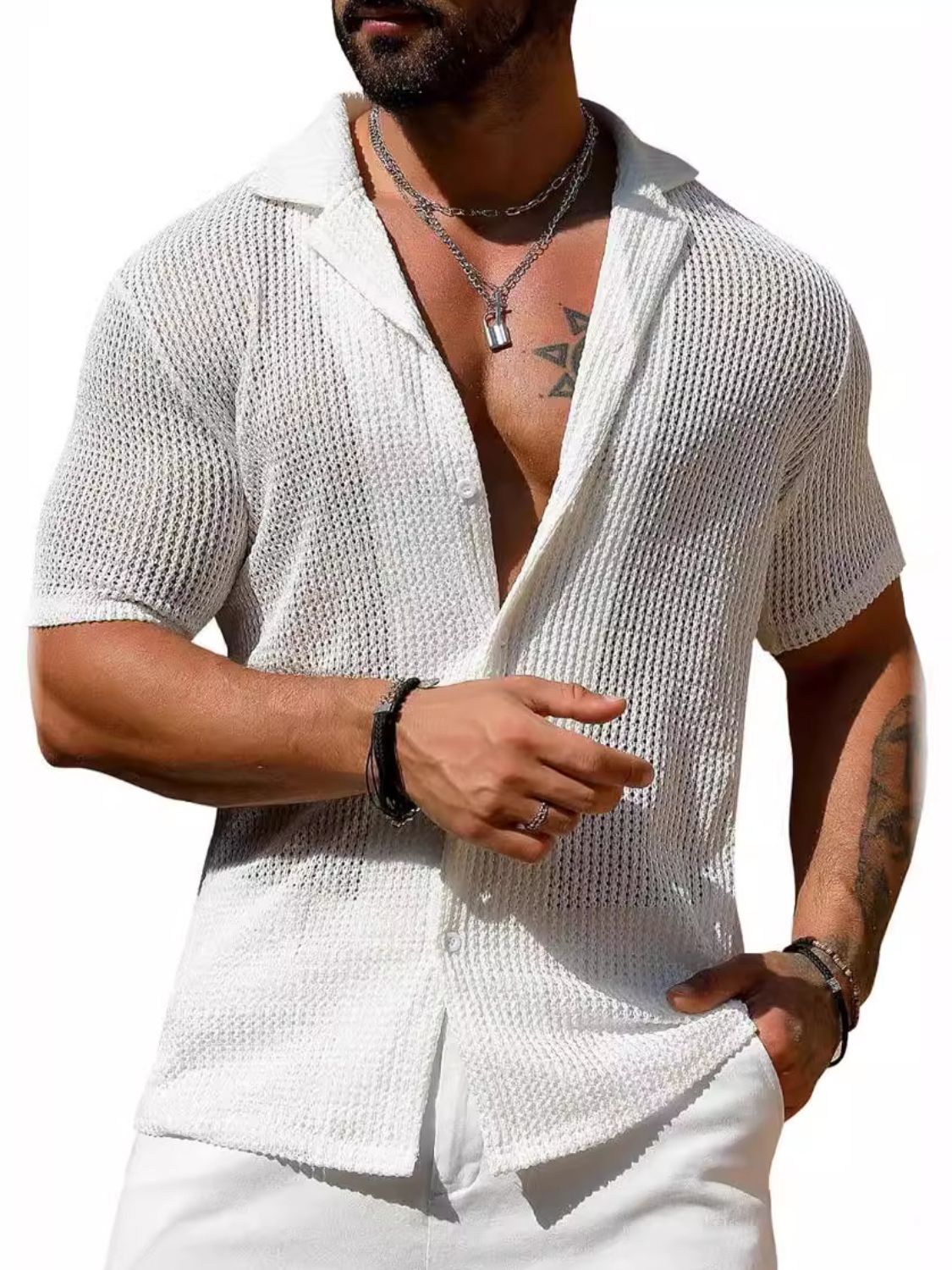 Men's Full Size Openwork Button Down Short Sleeve Shirt Plus Size