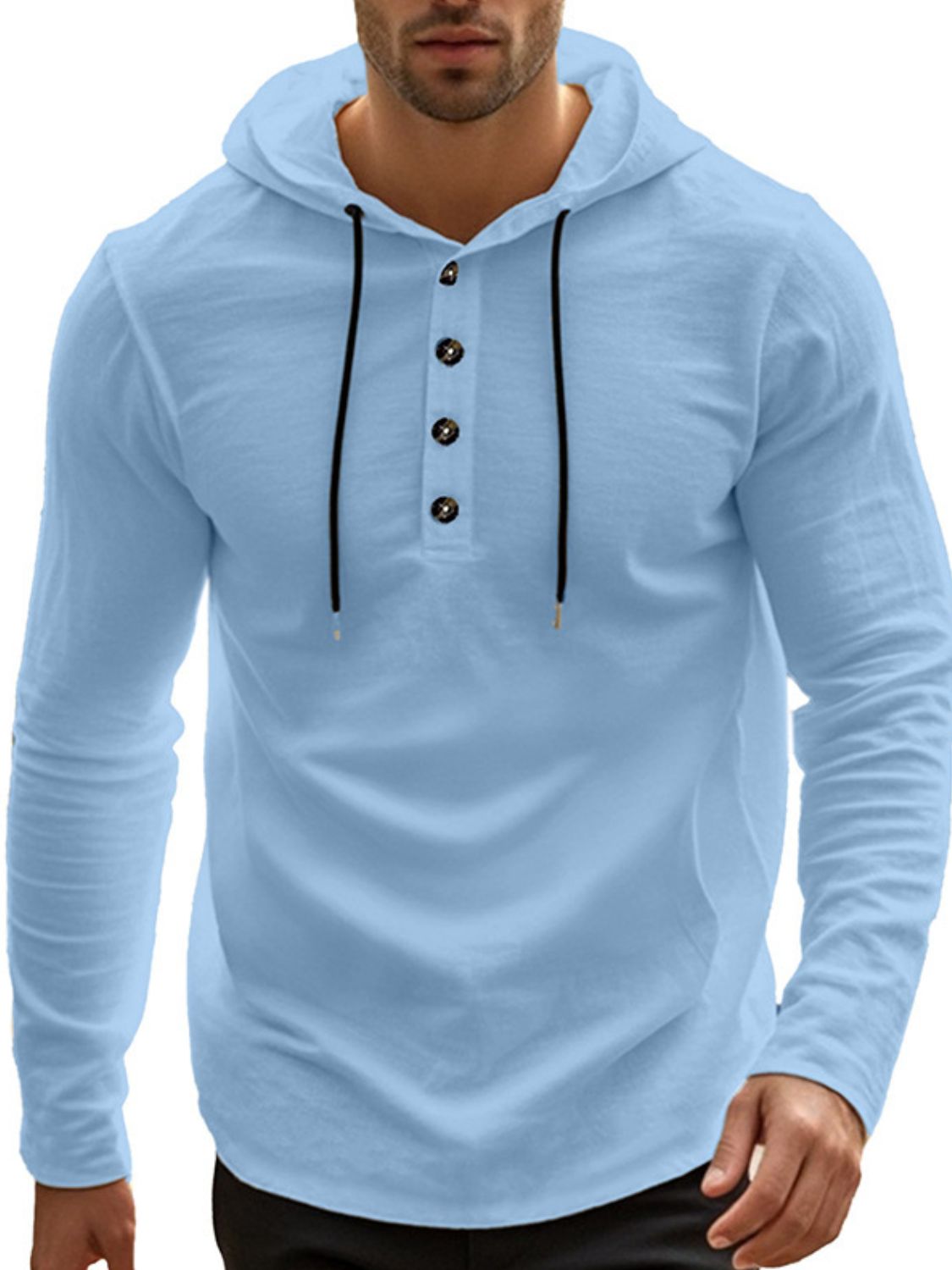 Men's Full Size Drawstring Button Detail Long Sleeve Hoodie Plus Size