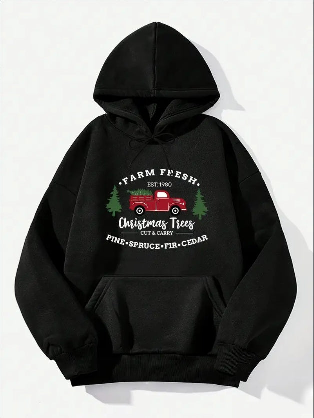 Women's Plus Size Christmas Car & Tree Graphic Print Casual Hooded Sweatshirt - Long Sleeve Drawstring Hoodie, Fall Winter