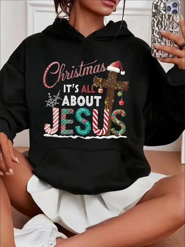 Women'S Christmas Cross Graphic Print Hoodie, Casual Geometric Pattern Hooded Sweatshirt With Kangaroo Pocket, All-Season Fashion Top