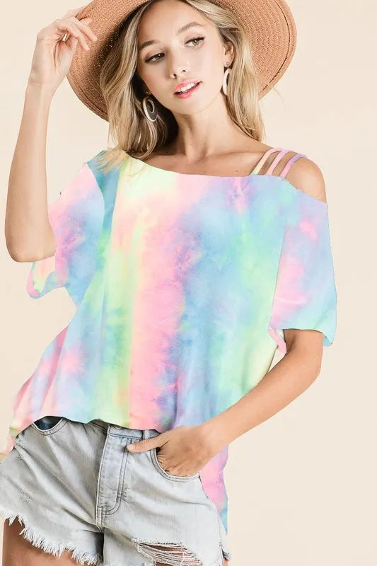 BiBi Tie Dye French Terry Strapped One Shoulder Top