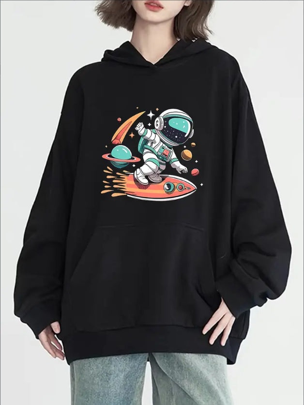 Women's Casual Hoodie With Astronaut Print - Long Sleeve, Kangaroo Pocket, Cozy Knit Pullover For Fall & Winter