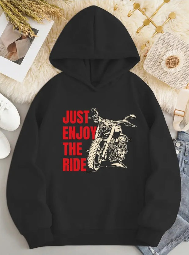Women's Letter & Motorcycles Print Hoodie - Soft Drawstring Casual Hooded Sweatshirt For Winter And Fall, Comfortable Relaxed Fit, Stylish Graphic Print Design, Versatile Everyday Wear