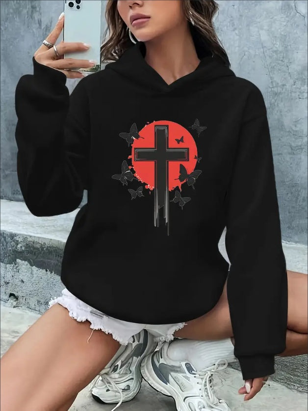 Women'S  Casual Hoodie With Graphic Print - Rib-Knit Hooded Sweatshirt With Alphabet, Animal, And Architectural Patterns For Fall Winter - Knit Fabric Hooded Top With Drawstring