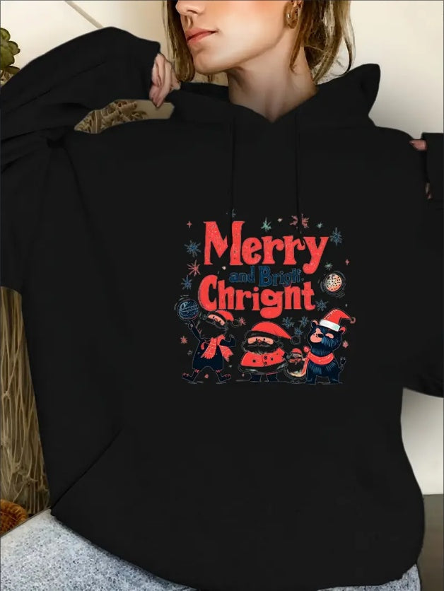 Ladies' Casual Printed Hoodie, Knitted Sweatshirt, Fashionable Drawstring Pullover, Suitable For All Seasons, Suitable For Both Men And Women, Simple Design, Hooded Top, Christmas, Valentine's Day, Ne