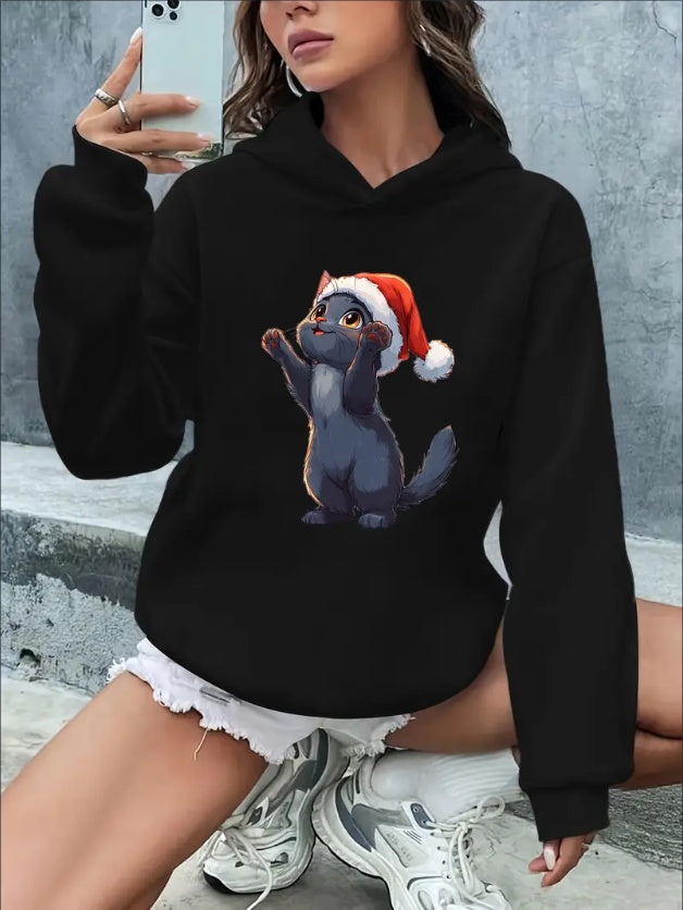 Women'S Christmas Cat Hoodie - Polyester  Casual Hooded Sweatshirt With Cartoon Print, Rib-Knit Collar, Drawstring, Festive Animal Graphic
