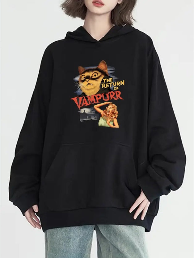 Women's Chic Horror Movie Cat Print Hoodie - Casual Pullover With Pockets, Long Sleeve & Round Neck, Perfect For Fall & Winter