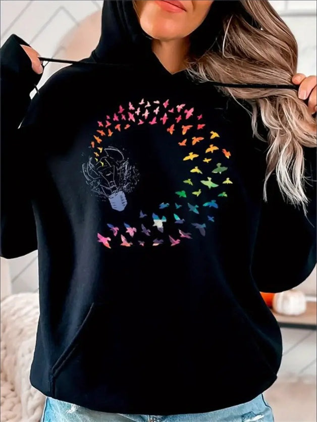Print Hoodie, Casual Long Sleeve Kangaroo Pocket Drawstring Hoodie Sweatshirt, Women's Clothing
