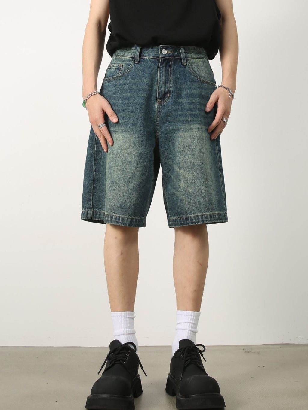Men's Washed Denim Shorts with Pockets