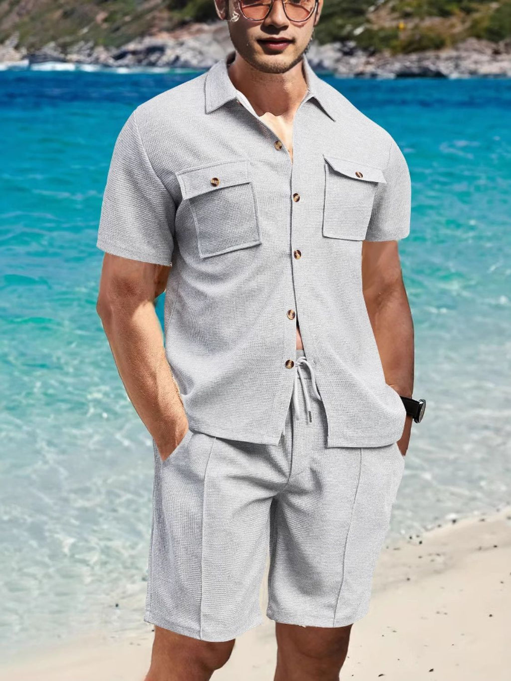 Men's Full Size Button Down Short Sleeve Top and Shorts Set Plus Size