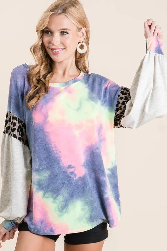BiBi Tie Dye Terry Top with Contrast Puff Sleeves