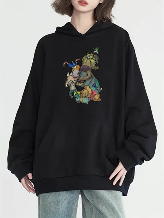 Women'S Casual  Hoodie With Pocket  All-Season Hooded Sweatshirt With Cartoon Graphic Print Pullover With Kangaroo Pocket