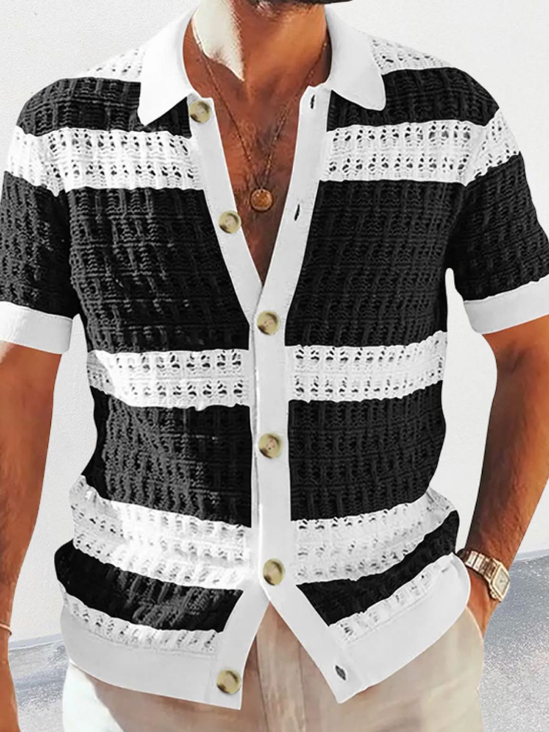 Men's Button Down Collared Neck Contrast Openwork Shirt