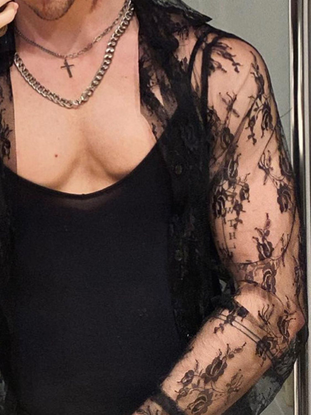 Men's Full Size Lace Long Sleeve Sheer Shirt Plus Size