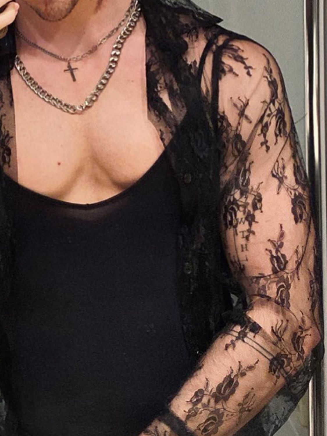 Men's Full Size Lace Long Sleeve Sheer Shirt Plus Size