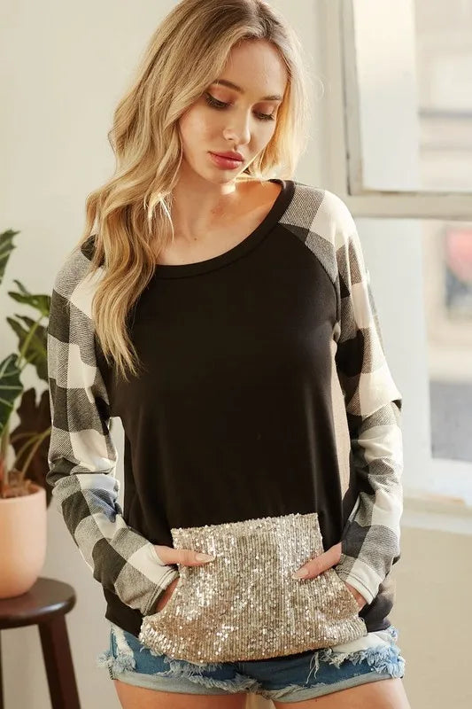 BiBi French Terry Top with Sequins Kangaroo Pocket