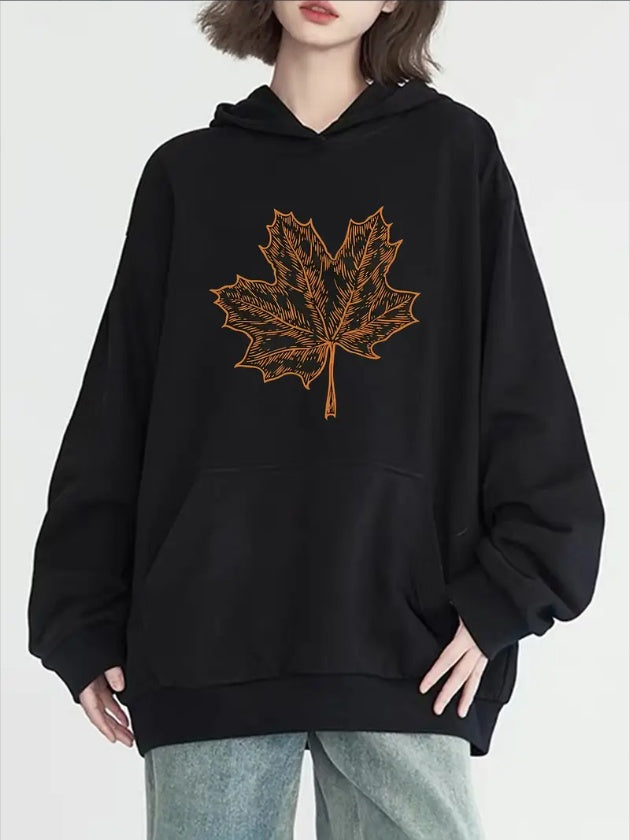 Women's Chic Maple Leaf Print Hoodie - Casual Long Sleeve With Pockets, Cozy  Pullover For Fall & Winter
