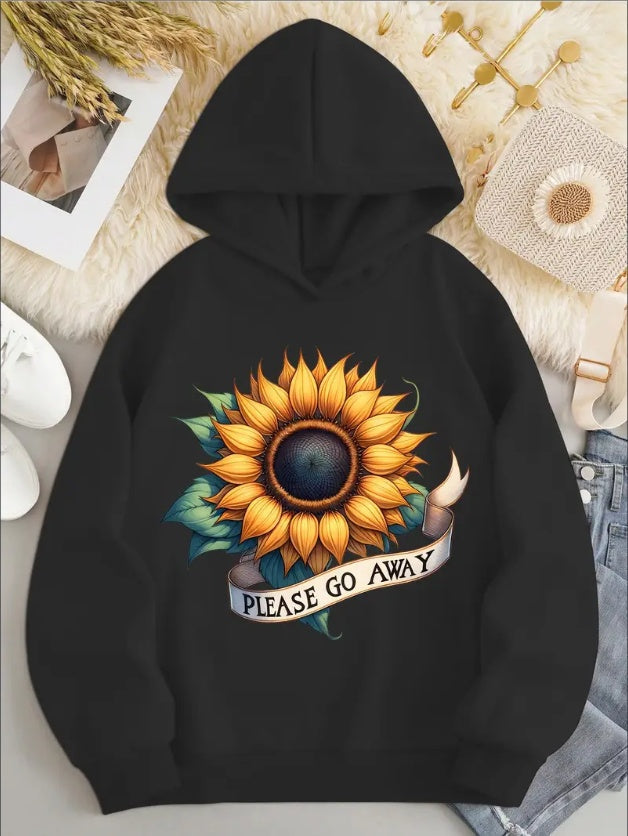 Casual Polyester Hoodie With Sunflower  Print - Women's Fashion Rib-Knit Hooded Sweatshirt For FallWinter - Stylish Knit Fabric Top With Floral & Alphabetical Patterns