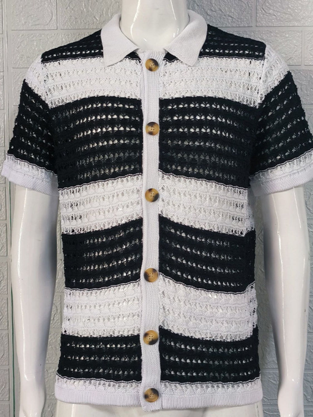 Men's Button Down Collared Neck Contrast Openwork Shirt