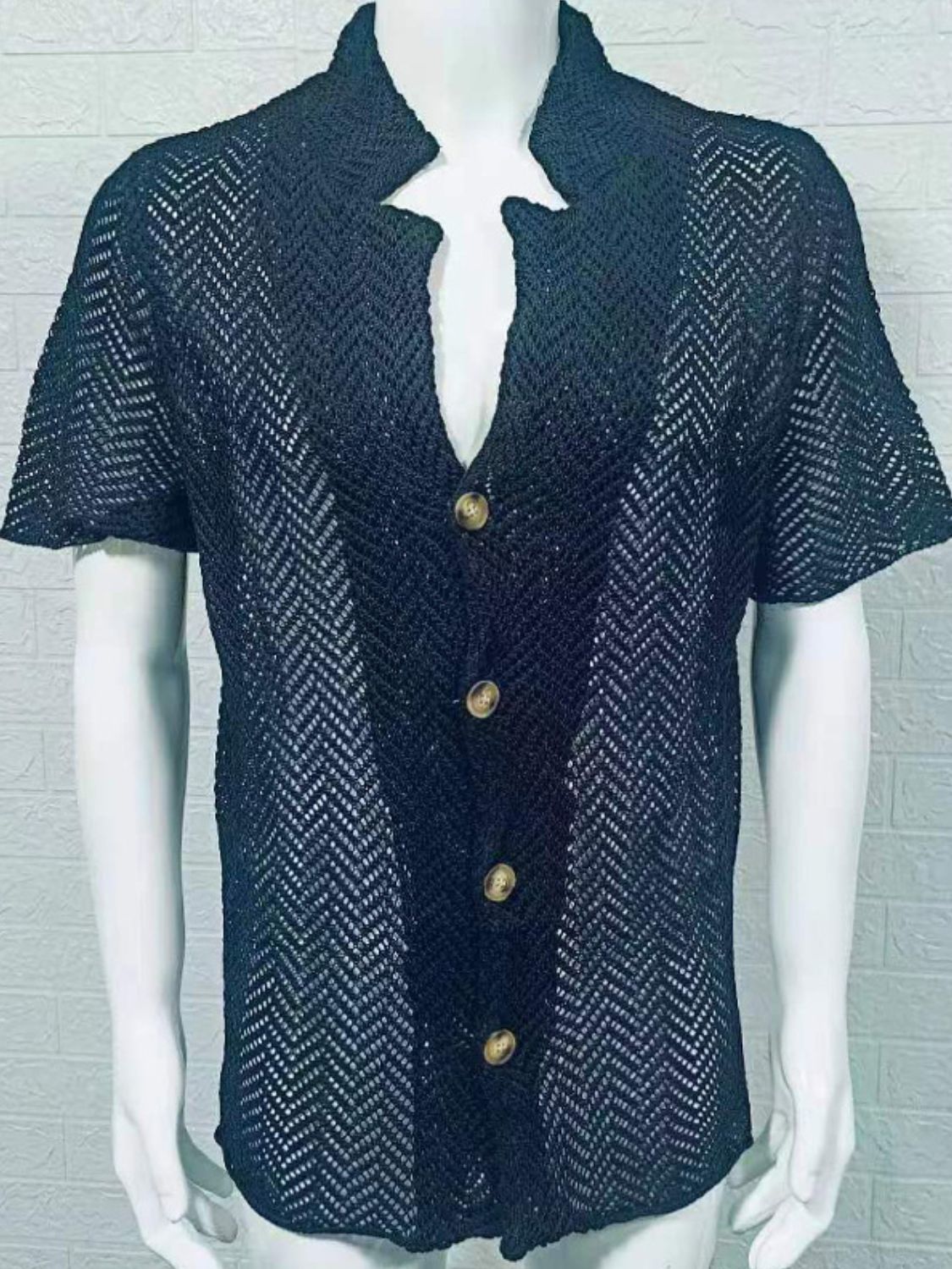 Men's Plus Size Herringbone Eyelet Button Down Knit Shirt